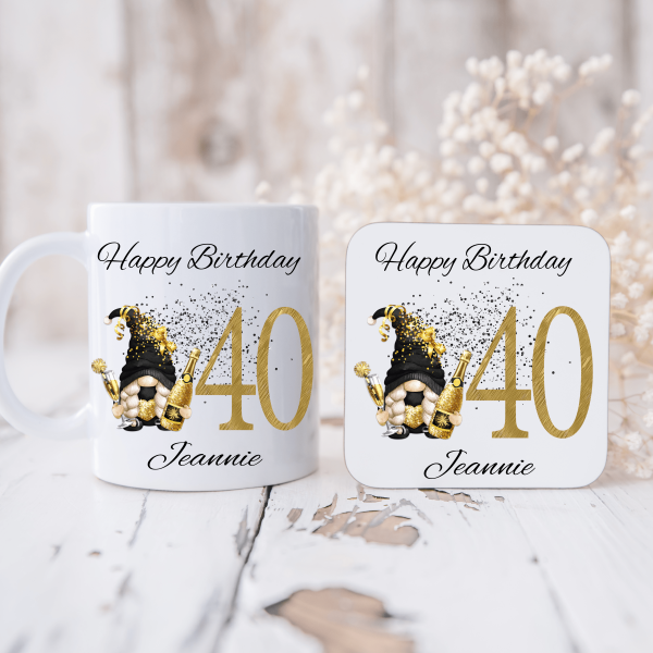Personalised Gnome 40th Birthday Mug and Coaster Set