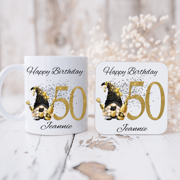 Personalised Gnome 50th Birthday Mug and Coaster Set