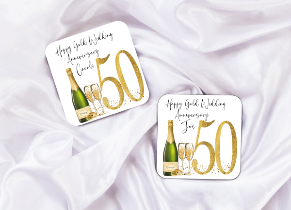Personalised Gold Wedding Anniversary Coaster Set