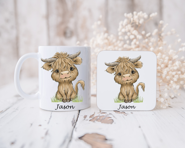 Personalised Male Highland Cow Mug and Coaster Set