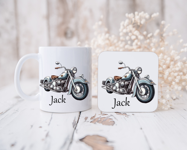 Personalised Motorbike Mug and Coaster Set
