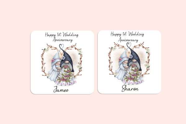 Personalised Mr and Mrs Gnome Anniversary Coaster Set