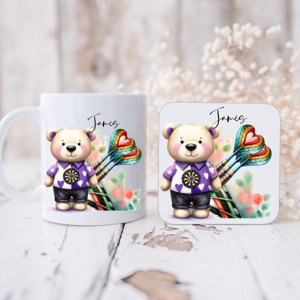 Personalised Dart Player Bear Mug & Coaster Set