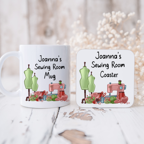 Personalised Sewing Room Mug and Coaster Set