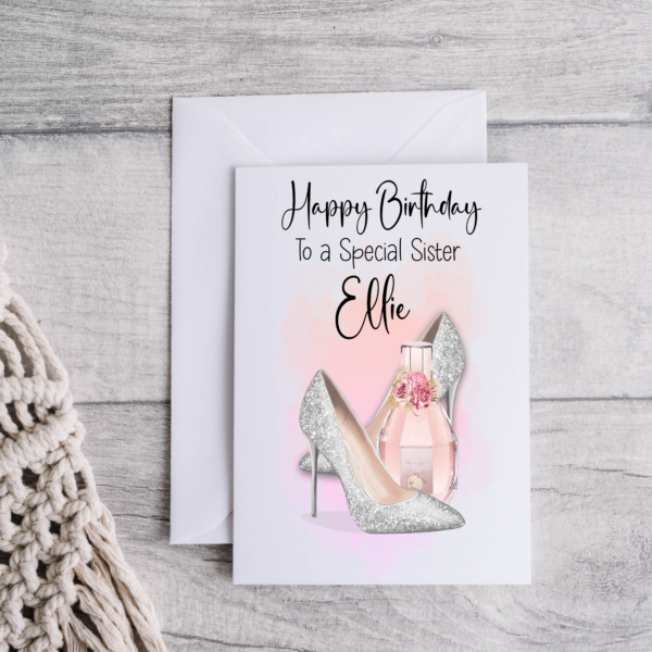 Personalised Silver Shoes & Perfume Birthday Card