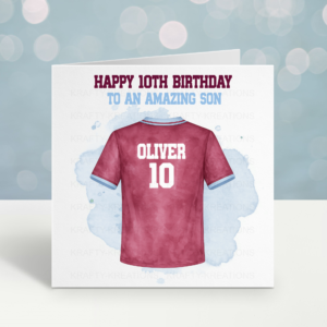 Personalised Claret & Blue Football Shirt Birthday Card