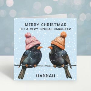 Personalised Christmas Card – Blackbirds in Winter Hats