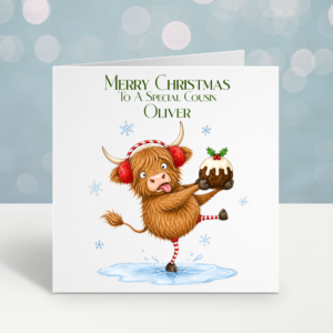 Personalised Highland Cow Christmas Pudding Christmas Card
