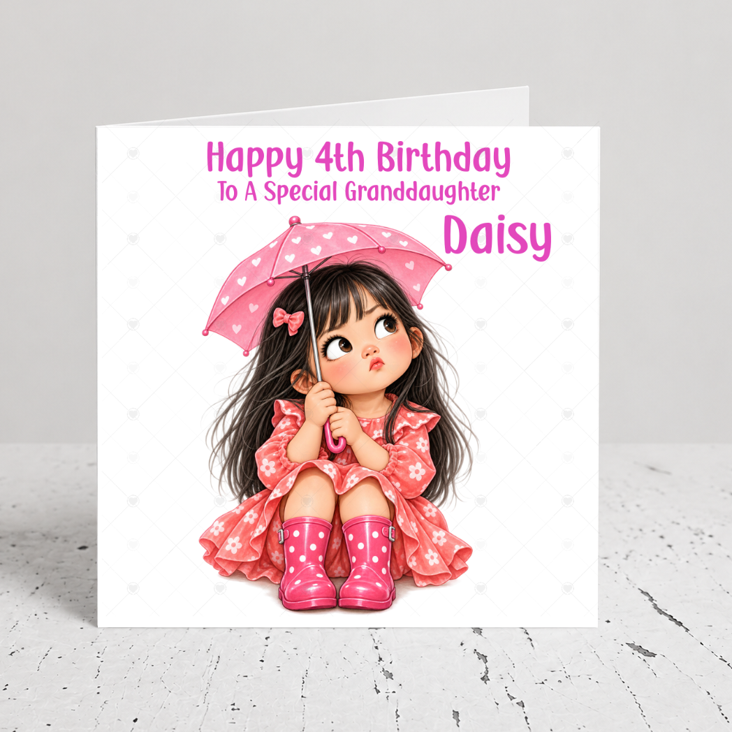 Personalised Girls Birthday Card – Cute Girl with Pink Umbrella & Wellies