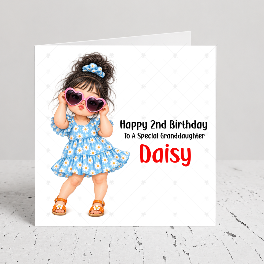 Personalised Girls Birthday Card – Cute Girl with Heart Sunglasses & Daisy Dress