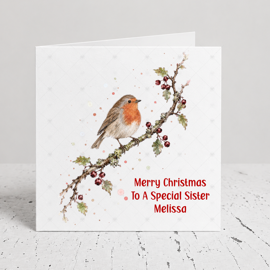 Personalised Robin Christmas Card – Watercolour Robin & Winter Berries