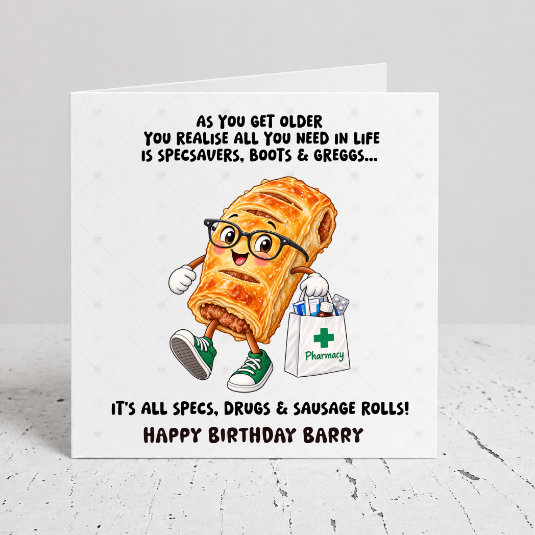 unny Personalised Birthday Card – Specsavers, Boots & Greggs Sausage Roll Joke